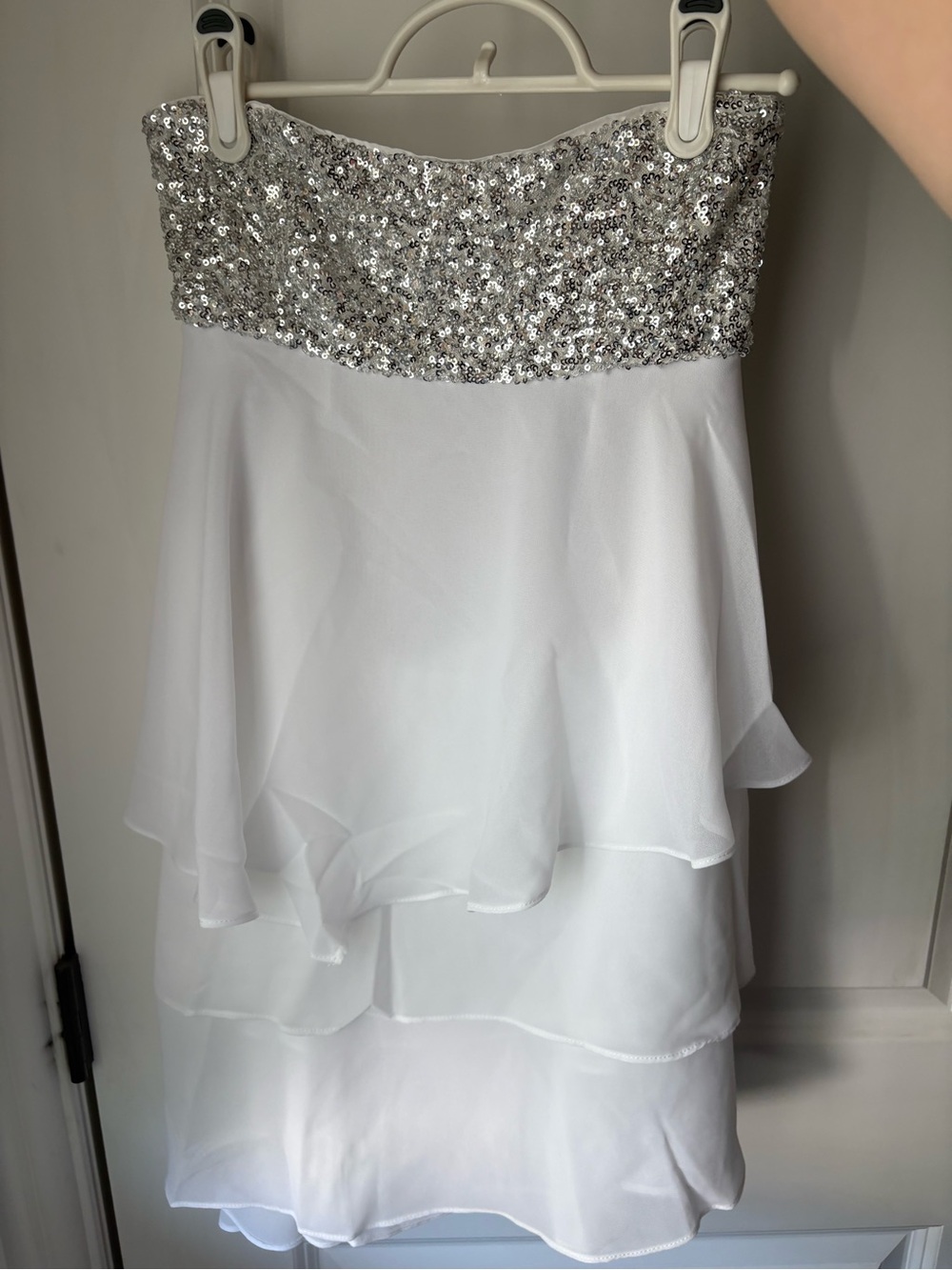 Fashion Nova Silver Sequin & White Strapless Layered Dress